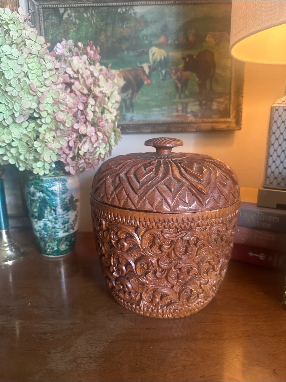 Vintage Hand Carved Teak Lidded Container